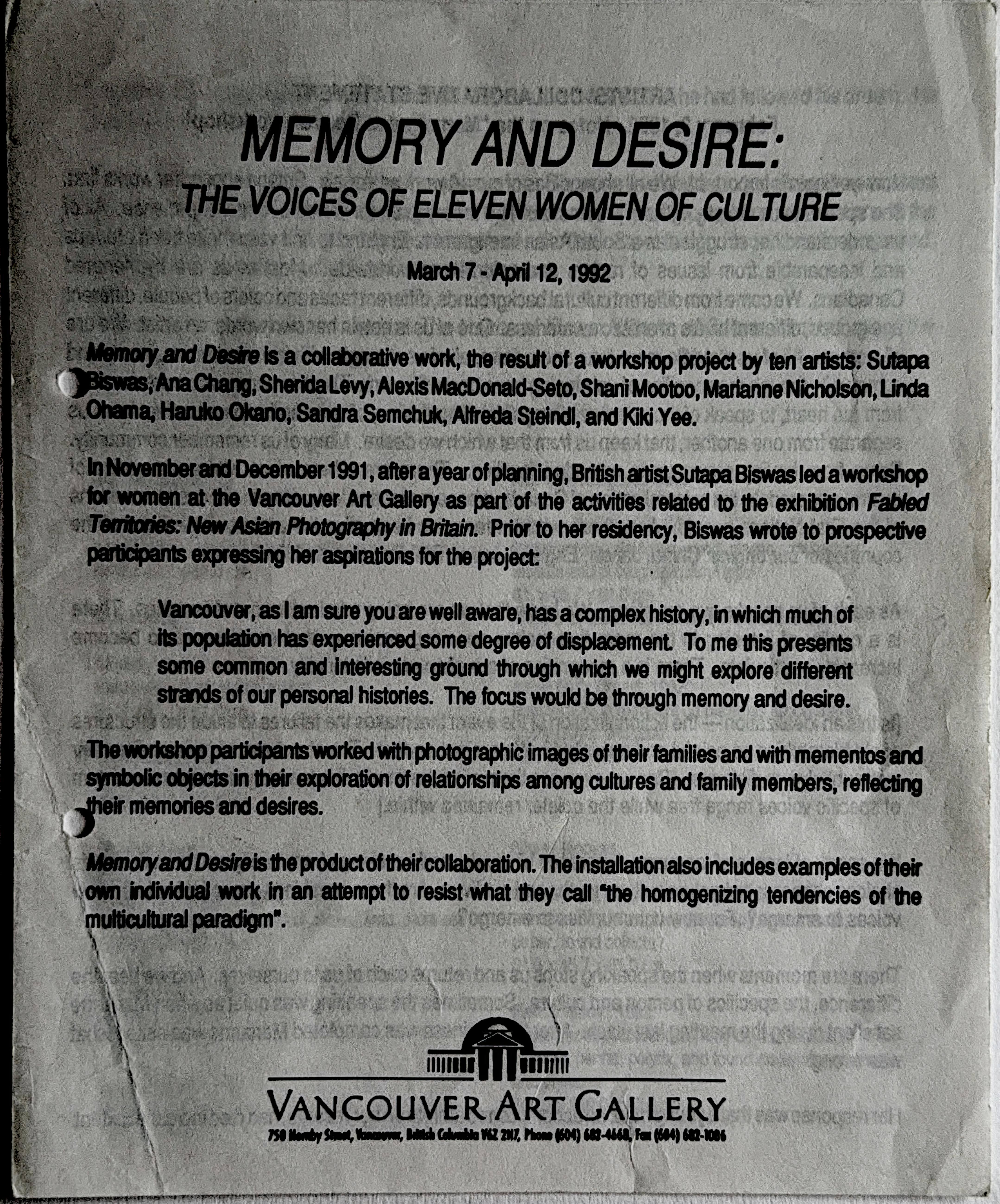 Memory and Desire: The Voices of Eleven Women of Culture