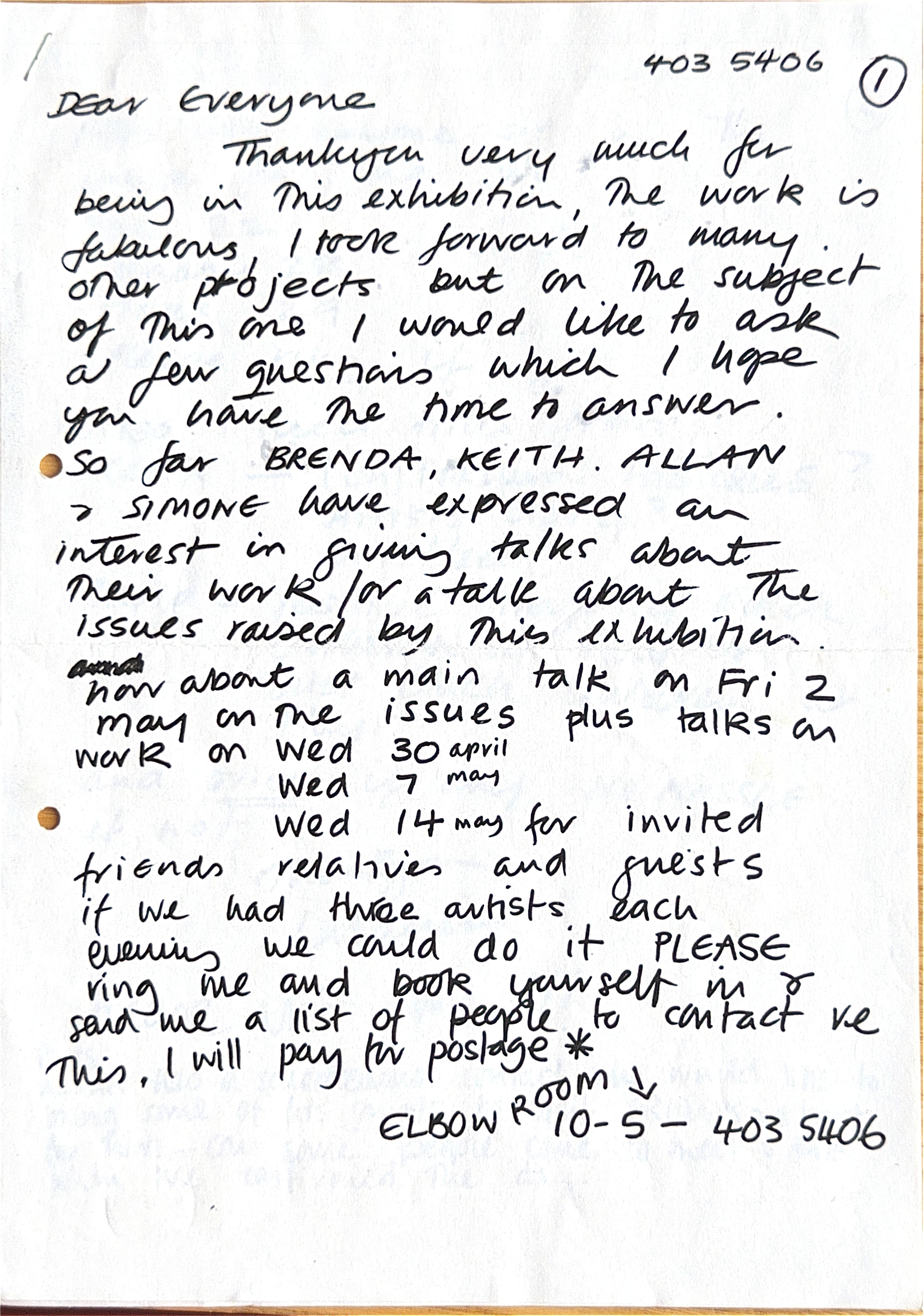Correspondence about exhibition 'The Elbow Room', London 